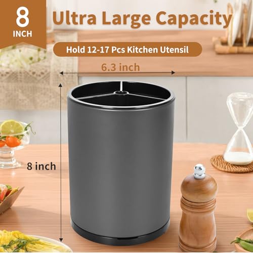 Nigelia Extra Large Kitchen Utensil Holder - 360° Rotating Stainless Steel Cooking Utensil Holder for Countertop, 3 Compartment Flatware Organizer & Utensil Caddy with Removable Base（Grey） - My Kitchen Products