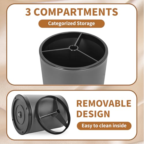 Nigelia Extra Large Kitchen Utensil Holder - 360° Rotating Stainless Steel Cooking Utensil Holder for Countertop, 3 Compartment Flatware Organizer & Utensil Caddy with Removable Base（Grey） - My Kitchen Products