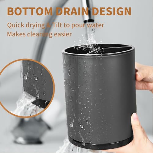 Nigelia Extra Large Kitchen Utensil Holder - 360° Rotating Stainless Steel Cooking Utensil Holder for Countertop, 3 Compartment Flatware Organizer & Utensil Caddy with Removable Base（Grey） - My Kitchen Products