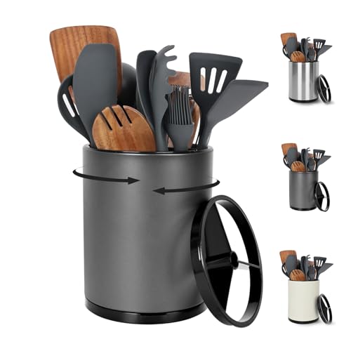 Nigelia Extra Large Kitchen Utensil Holder - 360° Rotating Stainless Steel Cooking Utensil Holder for Countertop, 3