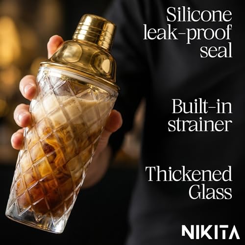 Nikita Cocktail Shaker, 5-Piece Martini Shaker & Bartender Kit with Bar Accessories Strainer, Jigger, Spoon & Muddler, Gold 16oz Drink Mixer with Bartender Accessories - My Kitchen Products
