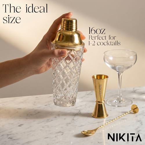 Nikita Cocktail Shaker, 5-Piece Martini Shaker & Bartender Kit with Bar Accessories Strainer, Jigger, Spoon & Muddler, Gold 16oz Drink Mixer with Bartender Accessories - My Kitchen Products