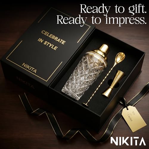 Nikita Cocktail Shaker, 5-Piece Martini Shaker & Bartender Kit with Bar Accessories Strainer, Jigger, Spoon & Muddler, Gold 16oz Drink Mixer with Bartender Accessories - My Kitchen Products