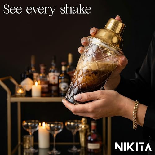 Nikita Cocktail Shaker, 5-Piece Martini Shaker & Bartender Kit with Bar Accessories Strainer, Jigger, Spoon & Muddler, Gold 16oz Drink Mixer with Bartender Accessories - My Kitchen Products