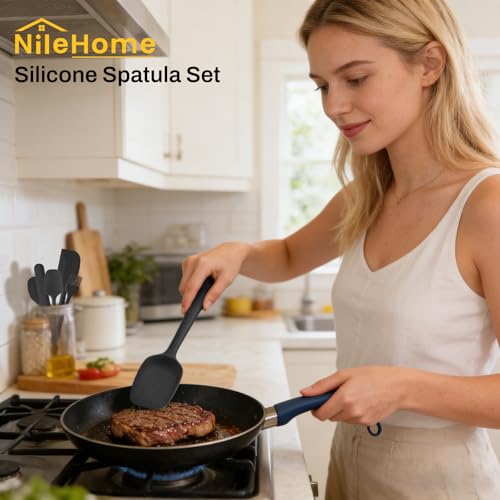NileHome Silicone Spatula Set, 6 Pieces Food Grade Kitchen Utensils with Silicone Brush Heat Resistant Up to 600°F Dishwasher Safe BPA-Free Rubber Spatula for Scraping, Baking, Cooking, Mixing-Black - My Kitchen Products