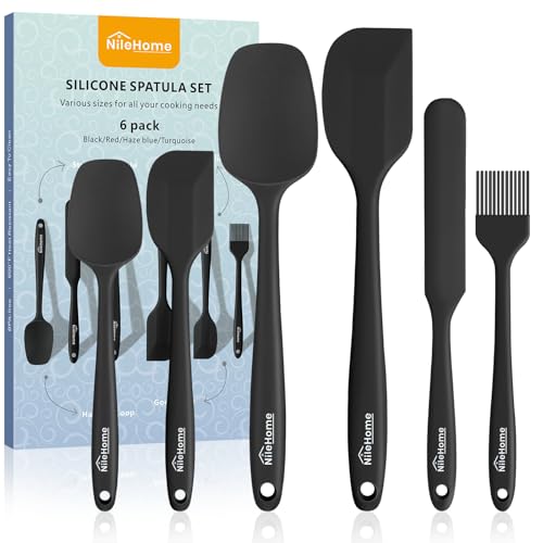 NileHome Silicone Spatula Set, 6 Pieces Food Grade Kitchen Utensils with Silicone Brush Heat Resistant Up to 600°F Dishwasher Safe BPA-Free Rubber Spatula for Scraping, Baking, Cooking, Mixing-Black - My Kitchen Products