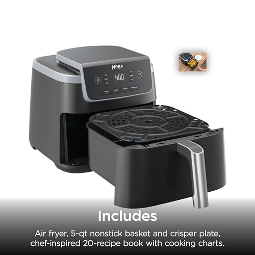 Ninja Air Fryer with Air Crisp | 5 QT Capacity fits up to 4lbs of Fries | 4-in-1 Pro Air Fry, Roast, Reheat, Dehydrate | 400°F Max Temp | 1750 Watts | W/Nonstick Basket & Crisper Plate | Grey | AF141 - My Kitchen Products
