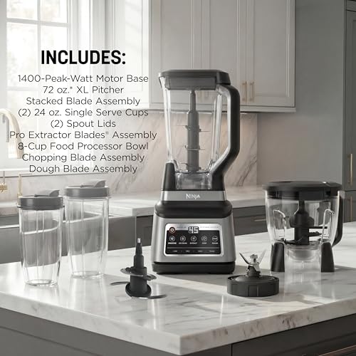 Ninja BN801 Professional Plus Kitchen System, 1400 WP, 5 Functions for Smoothies, Chopping, Dough & More with Auto IQ, 72-oz.* Blender Pitcher, 64-oz. Processor Bowl, (2) 24-oz. To-Go Cups, Grey - My Kitchen Products