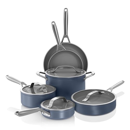Ninja Ceramic Pro 10Piece Cookware Set, NonStick Pots & Pans Set with Glass Lids, Nontoxic, PTFE Free, Ceramic Coated, Stove to Oven Safe, All Stovetop & Induction Compatible, Midnight Blue, CW39010MM - My Kitchen Products
