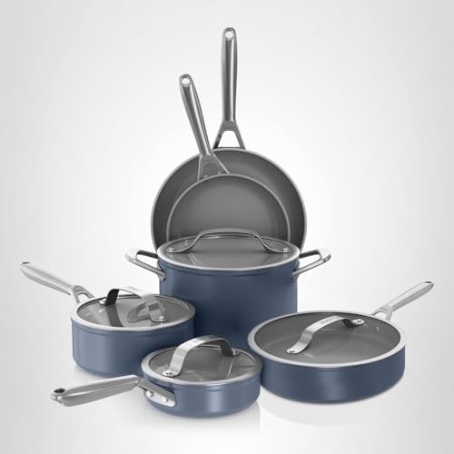 Ninja Ceramic Pro 10Piece Cookware Set, NonStick Pots & Pans Set with Glass Lids, Nontoxic, PTFE Free, Ceramic Coated, Stove to Oven Safe, All Stovetop & Induction Compatible, Midnight Blue, CW39010MM - My Kitchen Products