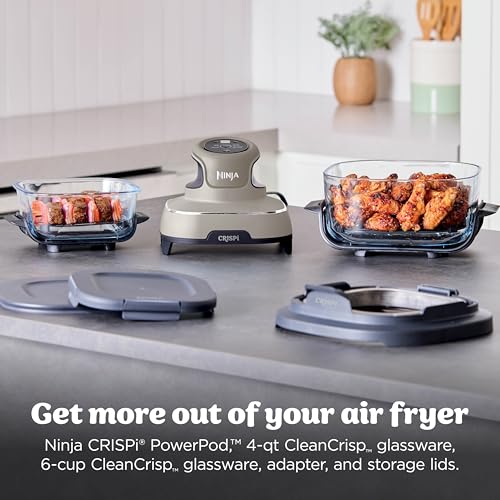 Ninja Crispi 4 in 1 Glass Air Fryer, 450°F, Non Toxic, 4QT and 6 Cup Containers with Lids, Dishwasher Safe, Stone, 1 Count, FN101ST - My Kitchen Products