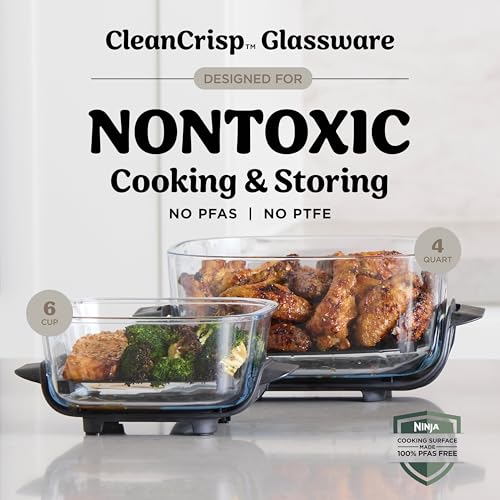 Ninja Crispi 4 in 1 Glass Air Fryer, 450°F, Non Toxic, 4QT and 6 Cup Containers with Lids, Dishwasher Safe, Stone, 1 Count, FN101ST - My Kitchen Products