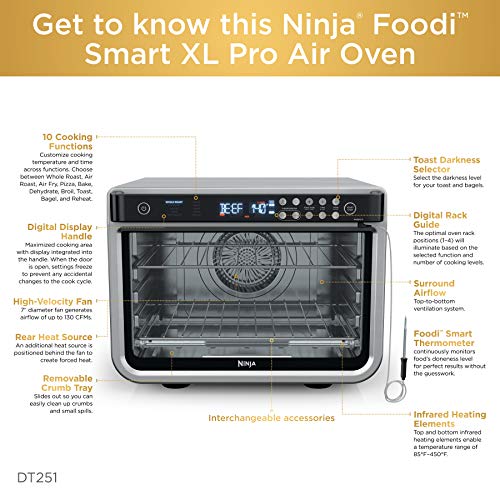 Ninja DT251 Foodi 10-in-1 Smart XL Air Fry Oven, Bake, Broil, Toast, Roast, Digital Toaster, Thermometer, True Surround Convection up to 450°F, includes 6 trays & Recipe Guide, Silver - My Kitchen Products