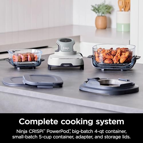 Ninja FN100WH Crispi Air Fryer, Microwave, Freezer & Dishwasher Safe, Non Toxic Glass Portable Cooking System, 4 QT & 5 Cup Glass Containers with Storage Lids, Easy Meals, White (Renewed) - My Kitchen Products