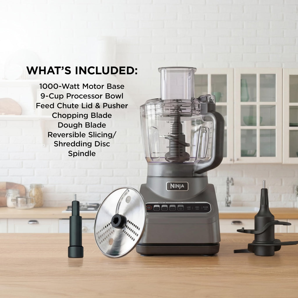 Ninja Food Processor, Professional Plus, 1000 Peak Watts, 4 Functions for Chopping, Slicing, Purees & Dough with 9-Cup Processor Bowl, 3 Blades, Food Chute & Pusher, Grey, BN601 - My Kitchen Products