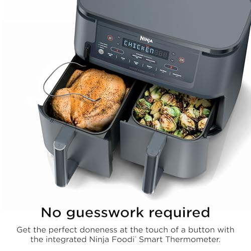 Ninja Foodi Air Fryer w/Smart Cook Thermometer | 6-in-1 Air Fry, Roast, Bake, Dehydrate & More | DualZone™ Match Cook & Smart Finish, 2 Independent Baskets | XL 10 Qt, Stainless Steel | Grey,DZ550GY - My Kitchen Products