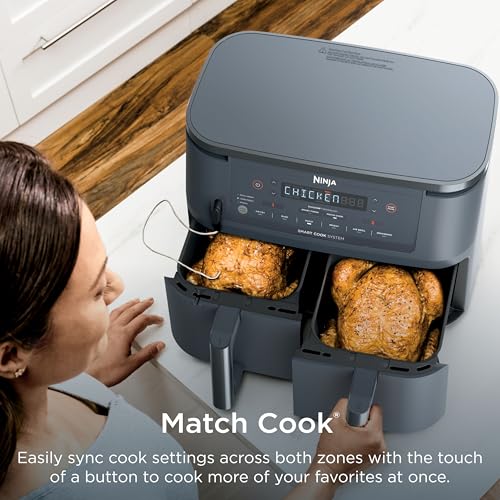 Ninja Foodi Air Fryer w/Smart Cook Thermometer | 6-in-1 Air Fry, Roast, Bake, Dehydrate & More | DualZone™ Match Cook & Smart Finish, 2 Independent Baskets | XL 10 Qt, Stainless Steel | Grey,DZ550GY - My Kitchen Products