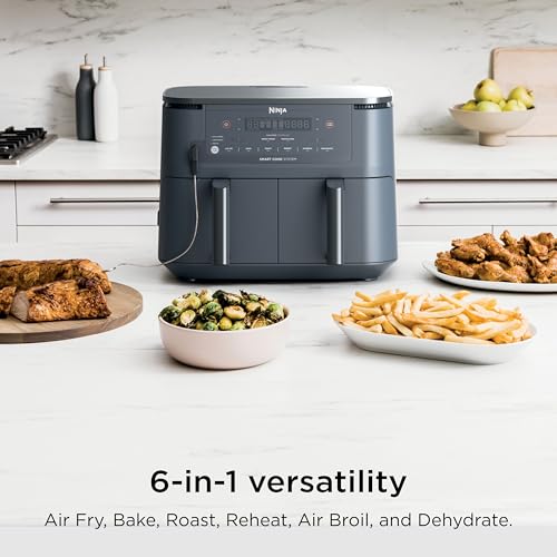Ninja Foodi Air Fryer w/Smart Cook Thermometer | 6-in-1 Air Fry, Roast, Bake, Dehydrate & More | DualZone™ Match Cook & Smart Finish, 2 Independent Baskets | XL 10 Qt, Stainless Steel | Grey,DZ550GY - My Kitchen Products