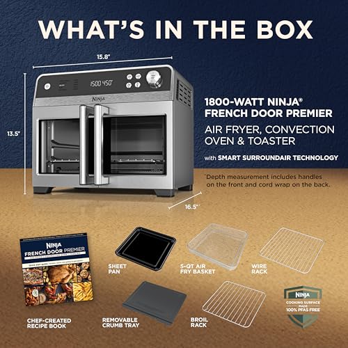 Ninja | French Door Premier Air fry Oven | 10-in-1 functions | 20.3-qt capacity | 5-qt Air Fry Basket, Sheet Pan, Wire Rack, Broil Rack | PFAS-free Cooking Surface, Dishwasher-Safe Accessories | FO101 - My Kitchen Products