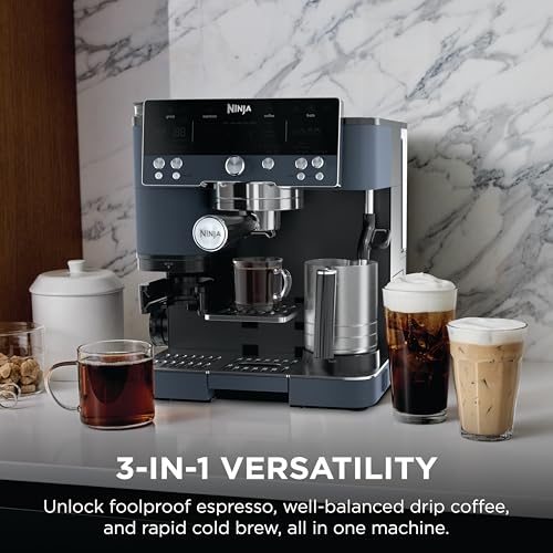 Ninja Luxe Café Premier 3-in-1 Espresso Machine, Drip Coffee, & Rapid Cold Brew | Built-in Coffee Grinder, Hands-Free Milk Frother, Assisted Tamper for Cappuccinos & Lattes | Cyberspace | ES601CY - My Kitchen Products