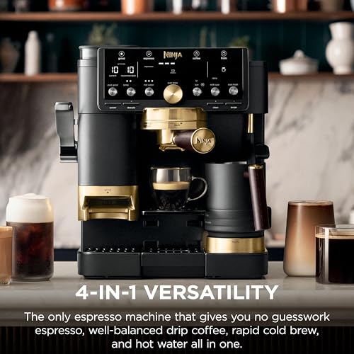Ninja Luxe™ Café Pro designed by David Beckham, Espresso Machine, Drip Coffee, Cold Brew, Hot Water, Integrated Tamper, Built-in Grinder, Hands-Free Frother for Lattes & More, Black/Gold, ES771BK - My Kitchen Products