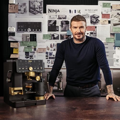 Ninja Luxe™ Café Pro designed by David Beckham, Espresso Machine, Drip Coffee, Cold Brew, Hot Water, Integrated Tamper, Built-in Grinder, Hands-Free Frother for Lattes & More, Black/Gold, ES771BK - My Kitchen Products