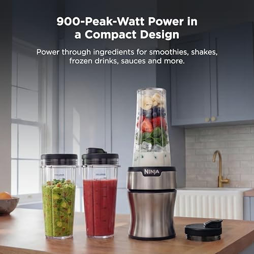 Ninja Nutri-Plus Personal Blender | Compact Push to Blend | Make Frozen Drinks, Smoothies, Sauces & More | With (3) 20 oz. To-Go Cups, (2) Spout-Lids & (1) Storage-Lid | 900 Peak Watt | Silver | BN301 - My Kitchen Products