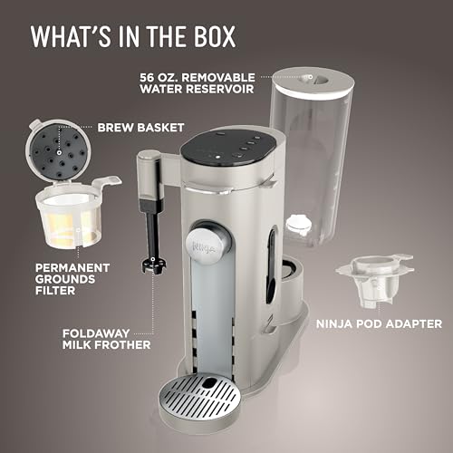 Ninja Pod and Grounds Specialty Single Serve Coffee Maker, K-Cup Pod Compatible, Brews, Compact Design, Built-in Milk Frother, 56 Ounces Reservoir, 6 Ounces Cup to 24 Ounces Mug Sizes, Stone, PB051ST - My Kitchen Products