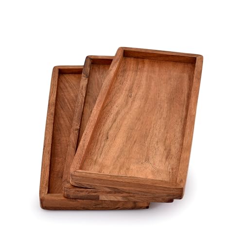 NIRMAN Acacia Wood Rectangular Wooden Platters for Home Decor, Food, Vegetables, Fruit, Charcuterie, Appetizer Serving Tray (13" x 5.5" x 0.75") (Set of 3) - My Kitchen Products