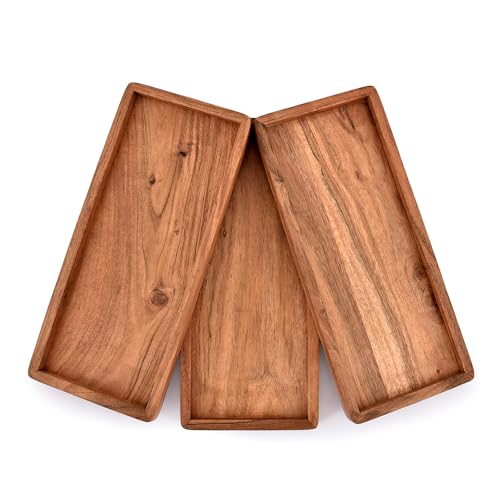 NIRMAN Acacia Wood Rectangular Wooden Platters for Home Decor, Food, Vegetables, Fruit, Charcuterie, Appetizer Serving Tray (13" x 5.5" x 0.75") (Set of 3) - My Kitchen Products