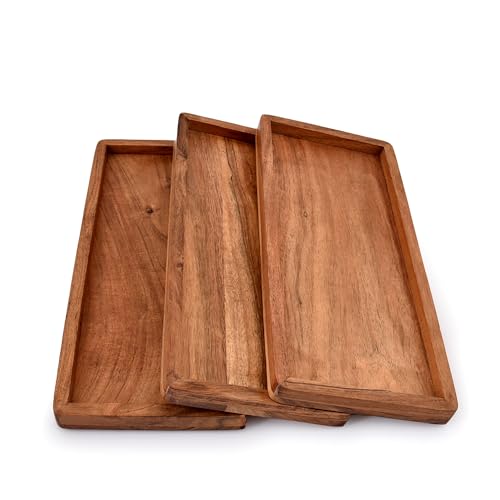 NIRMAN Acacia Wood Rectangular Wooden Platters for Home Decor, Food, Vegetables, Fruit, Charcuterie, Appetizer Serving Tray (13" x 5.5" x 0.75") (Set of 3) - My Kitchen Products
