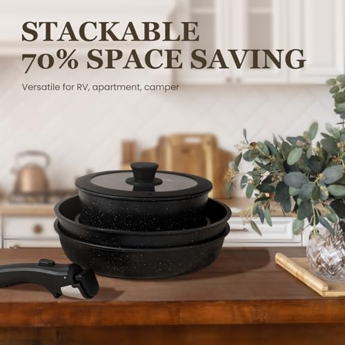 Nonstick Pots and Pans Set - 20 Pack KIKCOIN Stackable Cookware Set with Detachable Handle, RV Kitchen Cooking Set with Removable Handles - Oven Safe, Induction Ready (Black) - My Kitchen Products