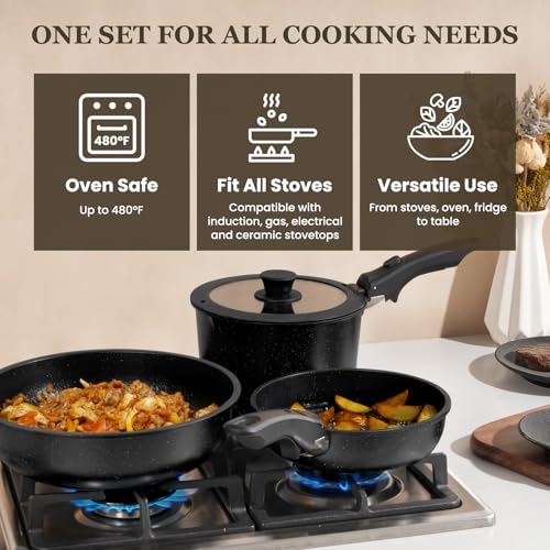 Nonstick Pots and Pans Set - 20 Pack KIKCOIN Stackable Cookware Set with Detachable Handle, RV Kitchen Cooking Set with Removable Handles - Oven Safe, Induction Ready (Black) - My Kitchen Products