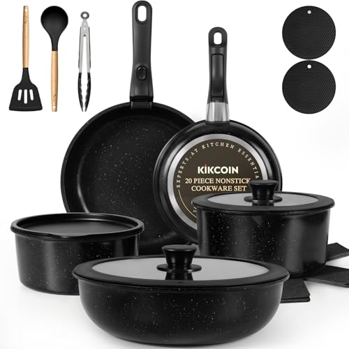 Nonstick Pots and Pans Set - 20 Pack KIKCOIN Stackable Cookware Set with Detachable Handle, RV Kitchen Cooking Set with Removable Handles - Oven Safe, Induction Ready (Black) - My Kitchen Products