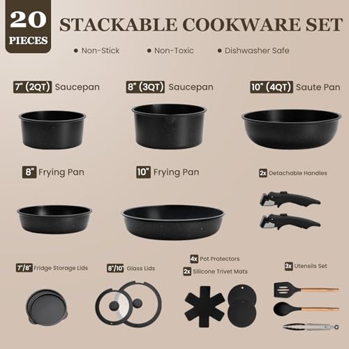Nonstick Pots and Pans Set - 20 Pack KIKCOIN Stackable Cookware Set with Detachable Handle, RV Kitchen Cooking Set with Removable Handles - Oven Safe, Induction Ready (Black) - My Kitchen Products