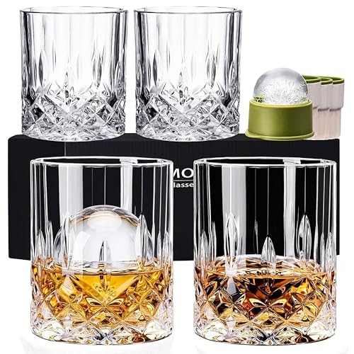 NORIMODA Whiskey Glasses Set of 4, 10oz Old Fashioned Bourbon Glasses with 4 Ice Ball