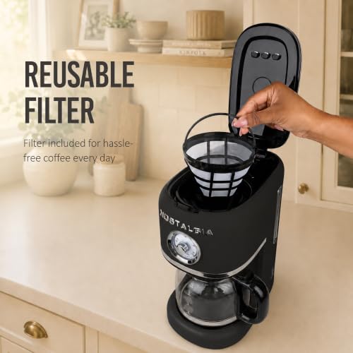 Nostalgia Classic Retro 10 Cup Coffee Maker - One-Touch Drip Brew, Reusable Filter - Anti-Drip, Auto Shutoff, & Time Display - Dishwasher Safe 50 oz Carafe - Black - My Kitchen Products