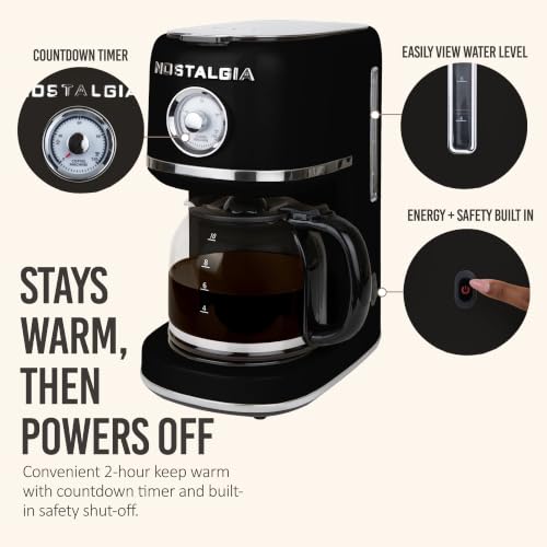 Nostalgia Classic Retro 10 Cup Coffee Maker - One-Touch Drip Brew, Reusable Filter - Anti-Drip, Auto Shutoff, & Time Display - Dishwasher Safe 50 oz Carafe - Black - My Kitchen Products
