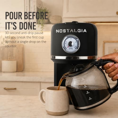 Nostalgia Classic Retro 10 Cup Coffee Maker - One-Touch Drip Brew, Reusable Filter - Anti-Drip, Auto Shutoff, & Time Display - Dishwasher Safe 50 oz Carafe - Black - My Kitchen Products