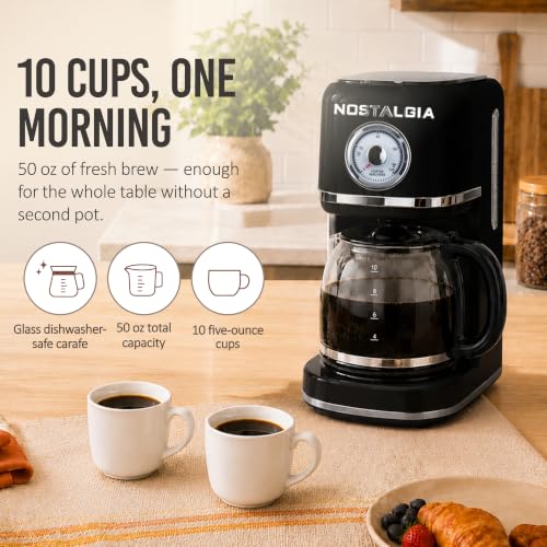 Nostalgia Classic Retro 10 Cup Coffee Maker - One-Touch Drip Brew, Reusable Filter - Anti-Drip, Auto Shutoff, & Time Display - Dishwasher Safe 50 oz Carafe - Black - My Kitchen Products