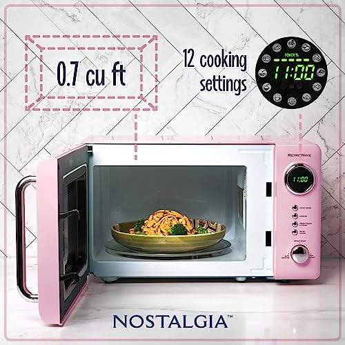 Nostalgia Countertop Microwave Oven with Easy Clean Interior - Retro Microwave with LED Display & Child Lock- Compact 0.7 Cu. Ft. Oven With 12 Pre-Programmed Settings for Quick Cooking- 700-Watts-Pink - My Kitchen Products