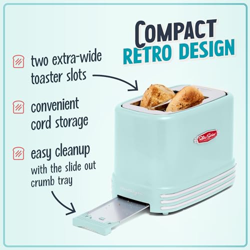 Nostalgia New and Improved Wide 2-Slice Toaster Perfect For Bread, English Muffins, Bagels, 5 Browning Levels, With Crumb Tray & Cord Storage, Aqua - My Kitchen Products