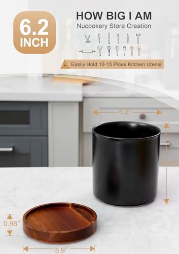 Nucookery 360°Rotating Utensil Holder, 7.2" Large Utensil Crock Countertop, Black Ceramic Cooking Utensil Organizer,Spatula Spoon Holder,Farmhouse Kitchen Decor Christmas Gift (Stone Black) - My Kitchen Products
