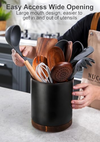Nucookery 360°Rotating Utensil Holder, 7.2" Large Utensil Crock Countertop, Black Ceramic Cooking Utensil Organizer,Spatula Spoon Holder,Farmhouse Kitchen Decor Christmas Gift (Stone Black) - My Kitchen Products