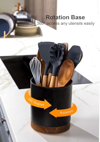 Nucookery 360°Rotating Utensil Holder, 7.2" Large Utensil Crock Countertop, Black Ceramic Cooking Utensil Organizer,Spatula Spoon Holder,Farmhouse Kitchen Decor Christmas Gift (Stone Black) - My Kitchen Products