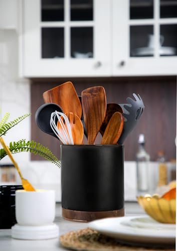 Nucookery 360°Rotating Utensil Holder, 7.2" Large Utensil Crock Countertop, Black Ceramic Cooking Utensil Organizer,Spatula Spoon Holder,Farmhouse Kitchen Decor Christmas Gift (Stone Black) - My Kitchen Products