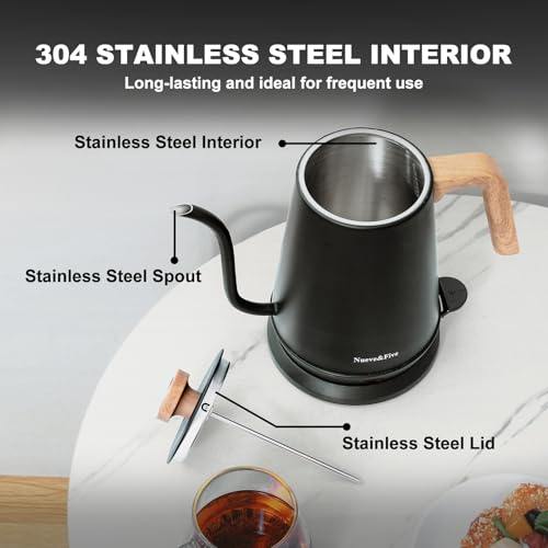 Nueve&Five Gooseneck Electric Kettle with Thermometer， Black Electric Kettle 1L with Auto Shut-Off，1000W Hot Water Kettle of Stainless Steel， Pour Over Kettle for Coffee & Tea - My Kitchen Products