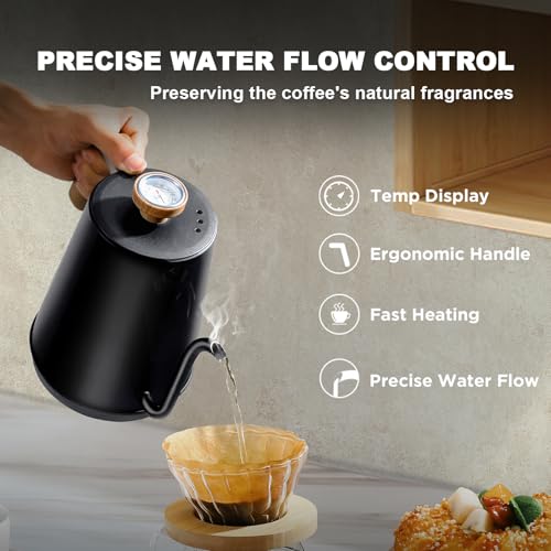 Nueve&Five Gooseneck Electric Kettle with Thermometer， Black Electric Kettle 1L with Auto Shut-Off，1000W Hot Water Kettle of Stainless Steel， Pour Over Kettle for Coffee & Tea - My Kitchen Products