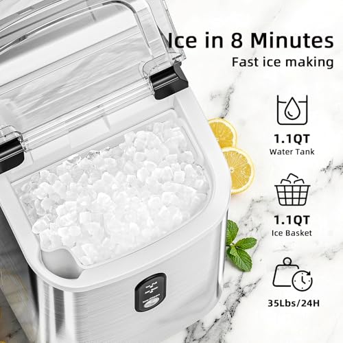 Nugget Countertop Ice Maker with Soft Chewable Ice, 35Lbs/24H, Pebble Portable Ice Machine with Ice Scoop, Self-Cleaning, One-Click Operation, for Kitchen,Office Stainless Steel Silver - My Kitchen Products