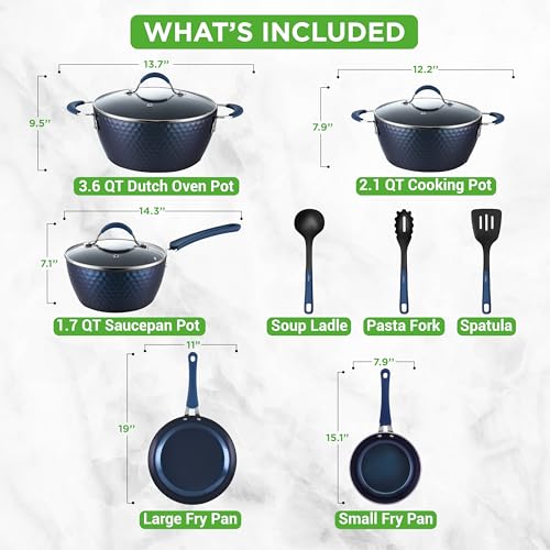 NutriChef 11 Piece Pots and Pans Set - Non Stick Cookware Set with Ceramic Coating, Cool-Touch Handles, Induction Ready, Includes Lids, and Utensils - Diamond Blue - My Kitchen Products